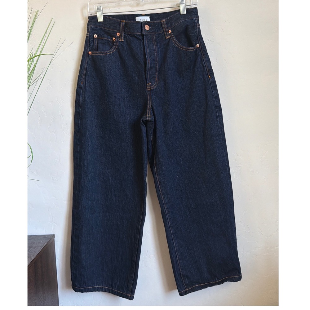 Pistola Womens High Rise Wide Leg Jeans Dark Wash Cotton Size 27 Prof Hemmed